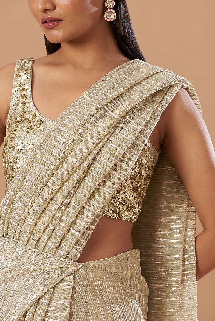 Gold Pleated Georgette Sequins Embroidered Pre-Draped Wedding Saree Set by Aashima Behl at Pernia's Pop Up Shop