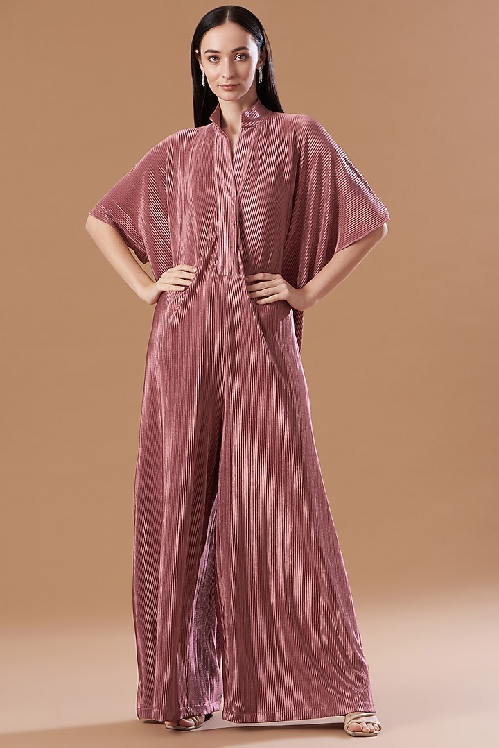 Blush Pink Pleated Satin Kaftan Jumpsuit by Aashima Behl at Pernia's Pop Up Shop
