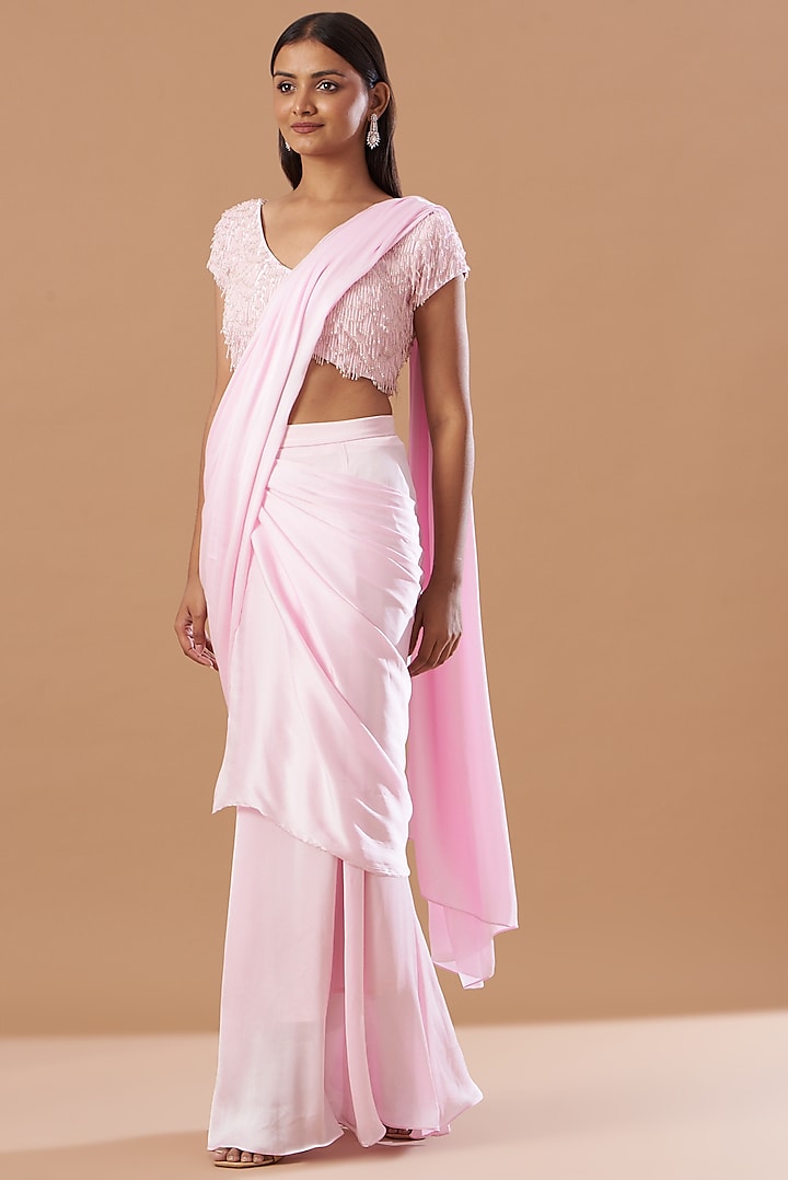 Blush Pink Pure Chinon Saree Set by Aashima Behl at Pernia's Pop Up Shop