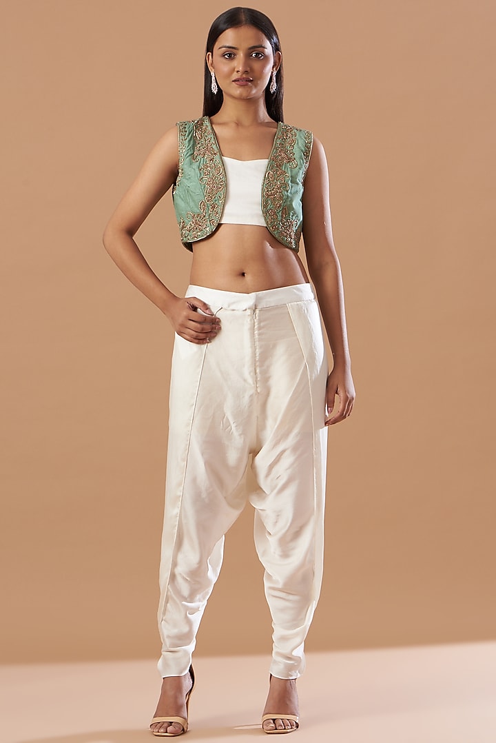 Turquoise Draped Dhoti Set With Embroidered Jacket by Aashima Behl
