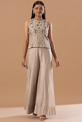 Blush Pink Silk Flared Pant Set by Aashima Behl