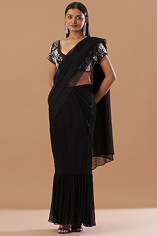 Jet Black Pleated & Draped Saree Set by Aashima Behl