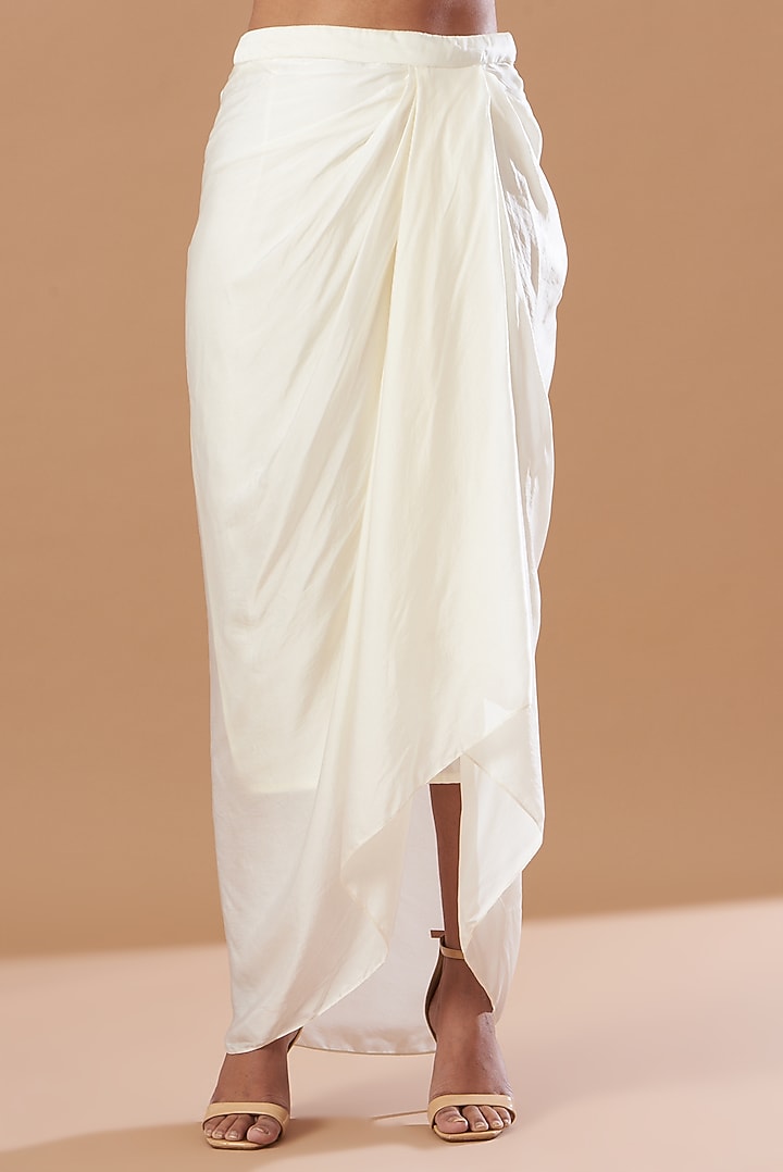 Ivory Satin Draped Skirt Set With Cape by Aashima Behl at Pernia's Pop Up Shop
