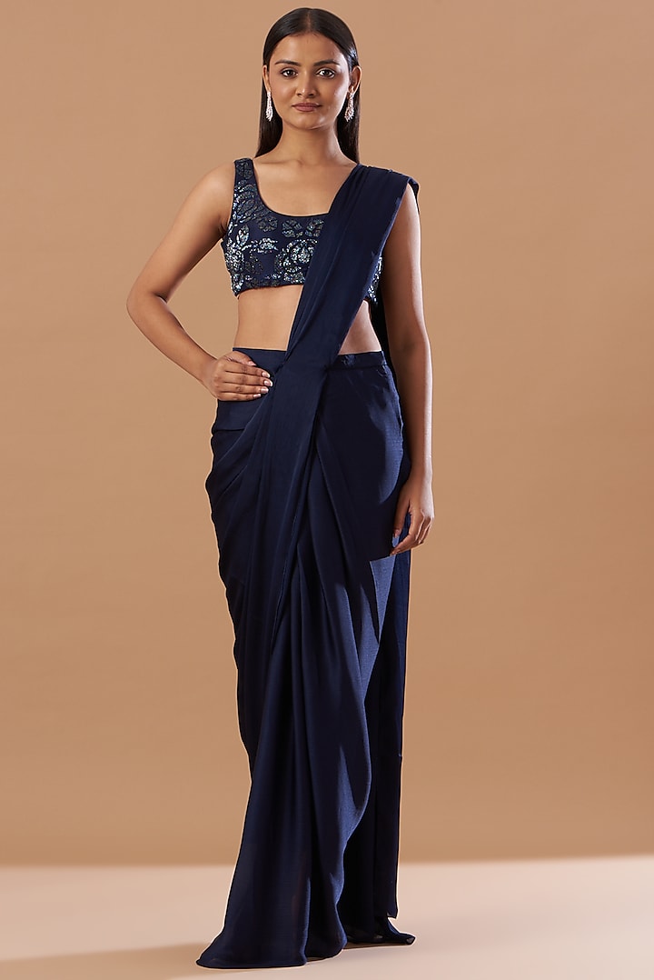 Berry Blue Satin Pre-Stitched Draped Saree Set Design by Aashima Behl ...