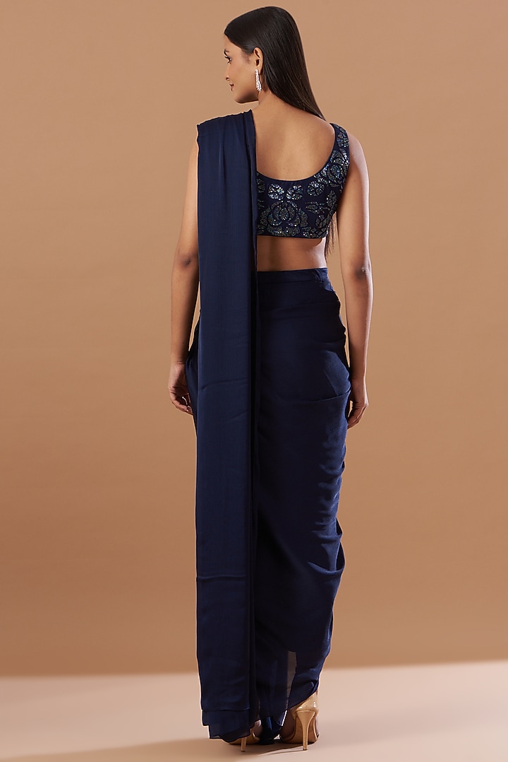 Berry Blue Satin Pre-Stitched Draped Wedding Saree Set by Aashima Behl at Pernia's Pop Up Shop