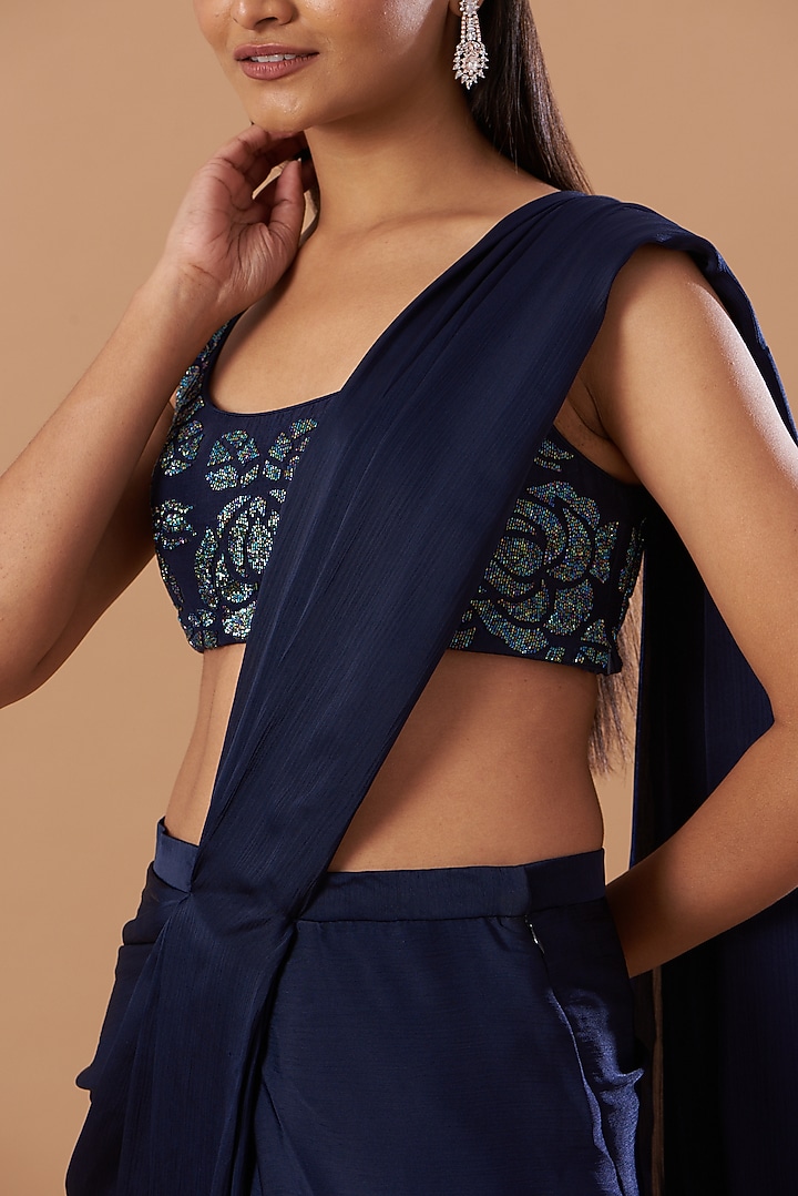 Berry Blue Satin Pre-Stitched Draped Wedding Saree Set by Aashima Behl at Pernia's Pop Up Shop