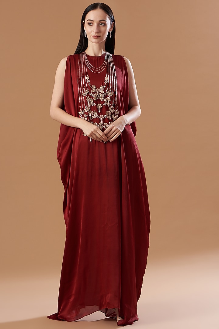 Red Embroidered Draped Kaftan Dress by Aashima Behl