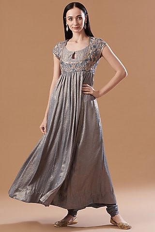 Grey Hand Embroidered Anarkali Set by Aashima Behl