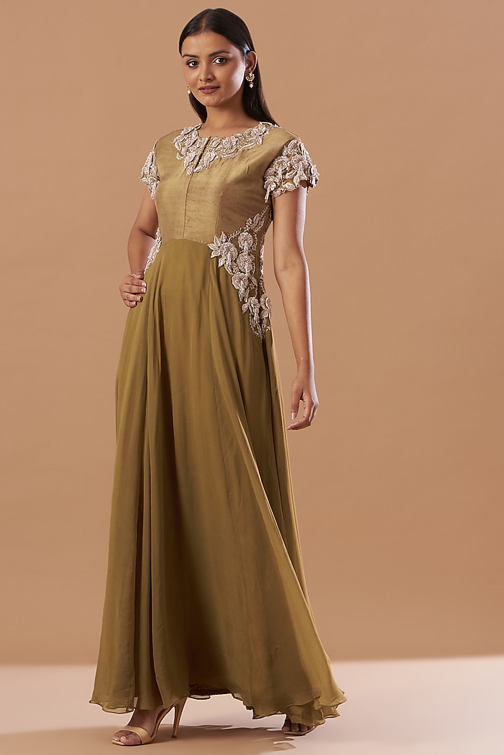Sand Gold Embroidered Gown by Aashima Behl