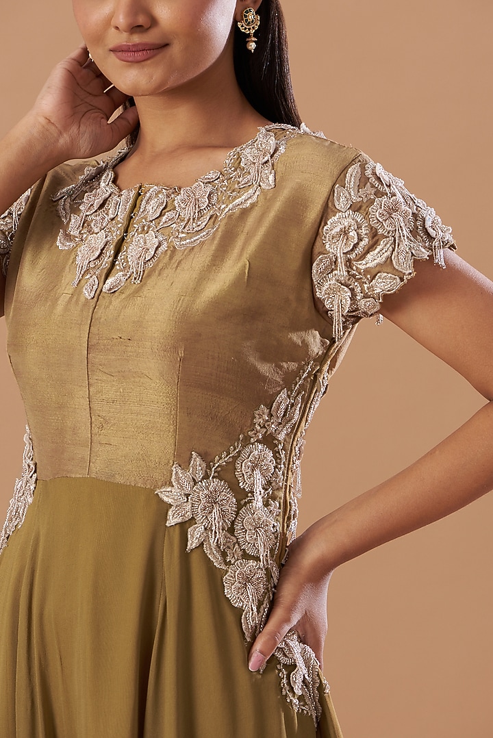 Sand Gold Embroidered Engagement Gown by Aashima Behl at Pernia's Pop Up Shop