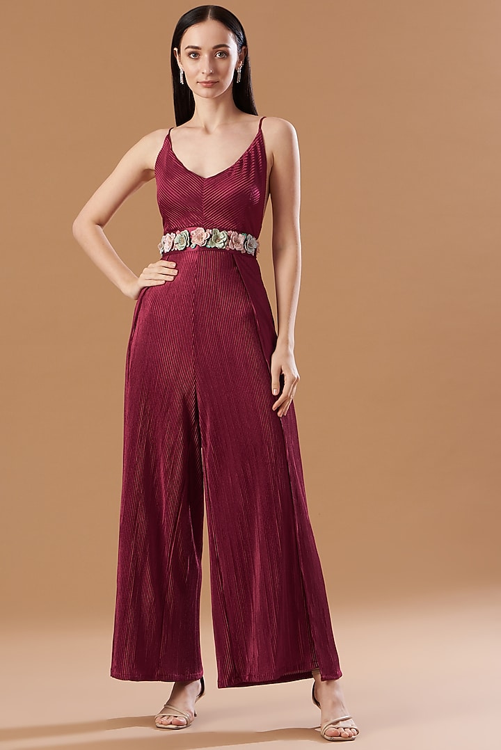 Fuchsia Pink Embroidered Pleated Jumpsuit by Aashima Behl