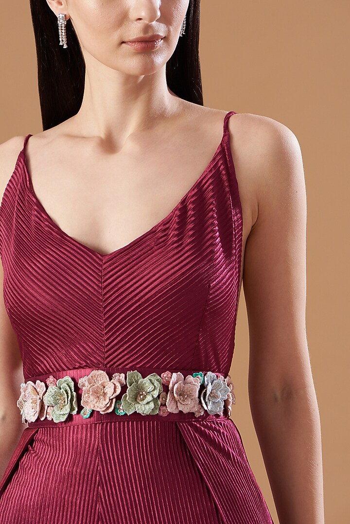 Fuchsia Pink Embroidered Pleated Jumpsuit by Aashima Behl at Pernia's Pop Up Shop
