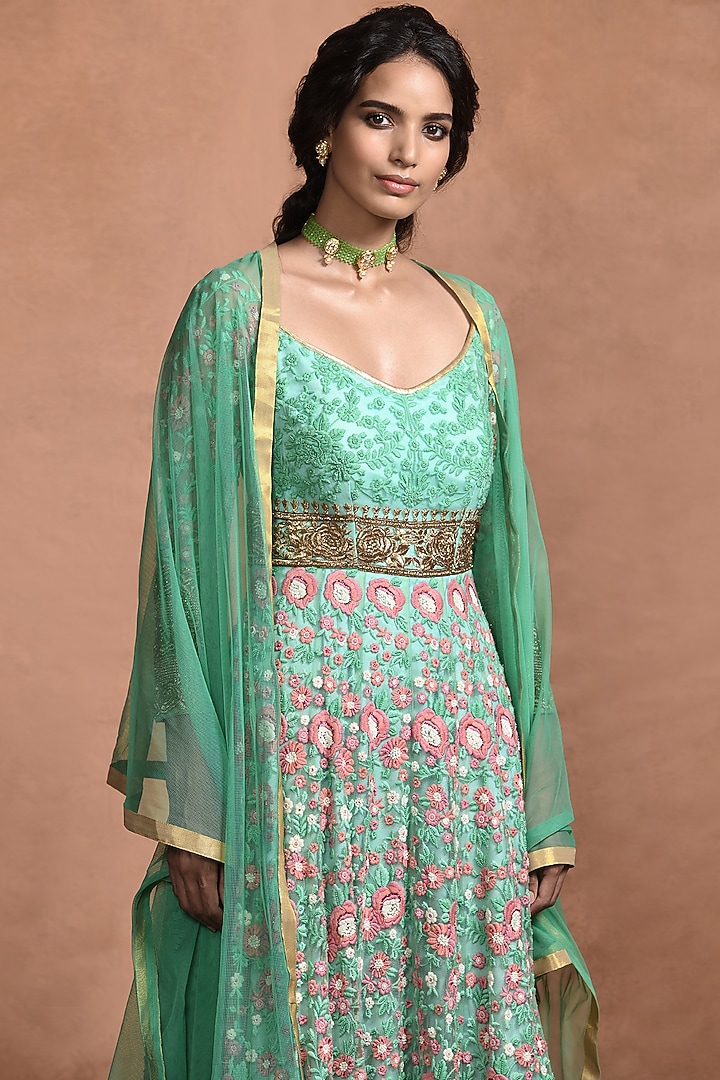 Jade Green Embroidered Bridal Anarkali Set by Aashima Behl at Pernia's Pop Up Shop