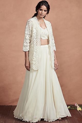 Ivory Embroidered Kalidar Lehenga Set by Aashima Behl