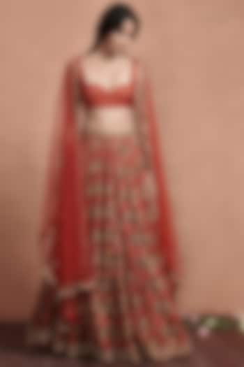 Crimson Red Embroidered Bridal Lehenga Set by Aashima Behl at Pernia's Pop Up Shop