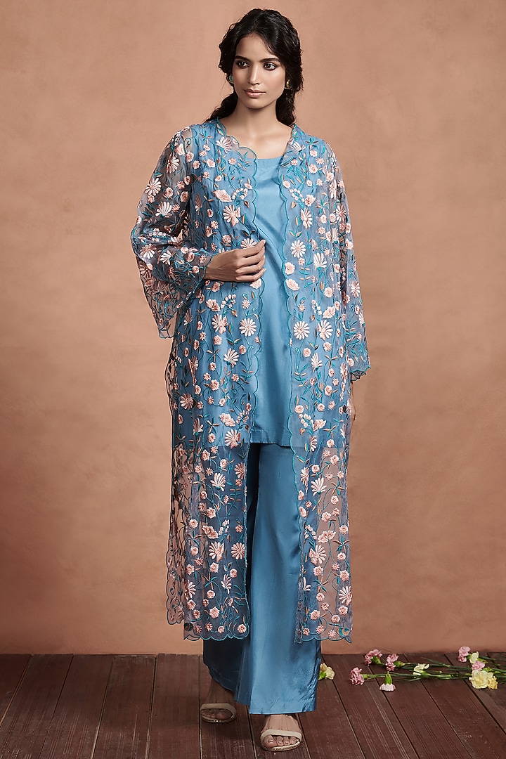 Teal Blue Embroidered Kurta Set by Aashima Behl at Pernia's Pop Up Shop