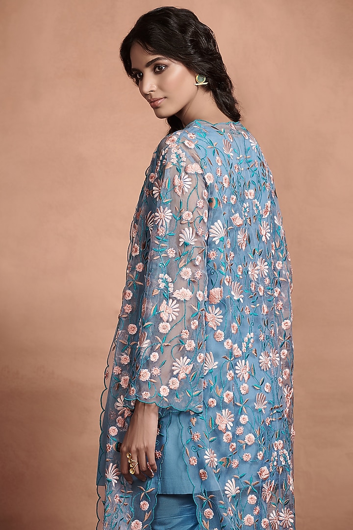 Teal Blue Embroidered Kurta Set by Aashima Behl at Pernia's Pop Up Shop