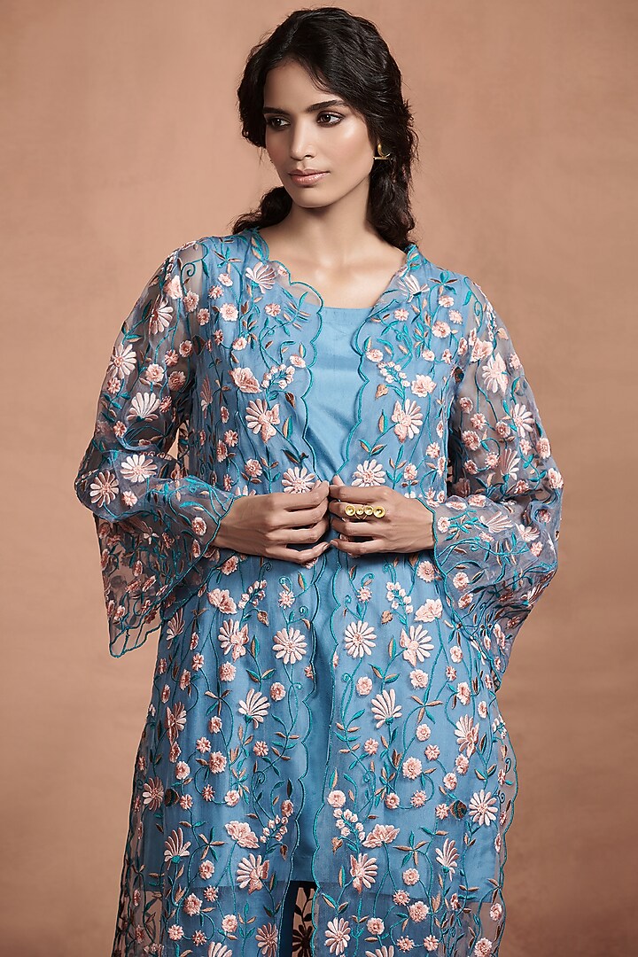 Teal Blue Embroidered Kurta Set by Aashima Behl at Pernia's Pop Up Shop