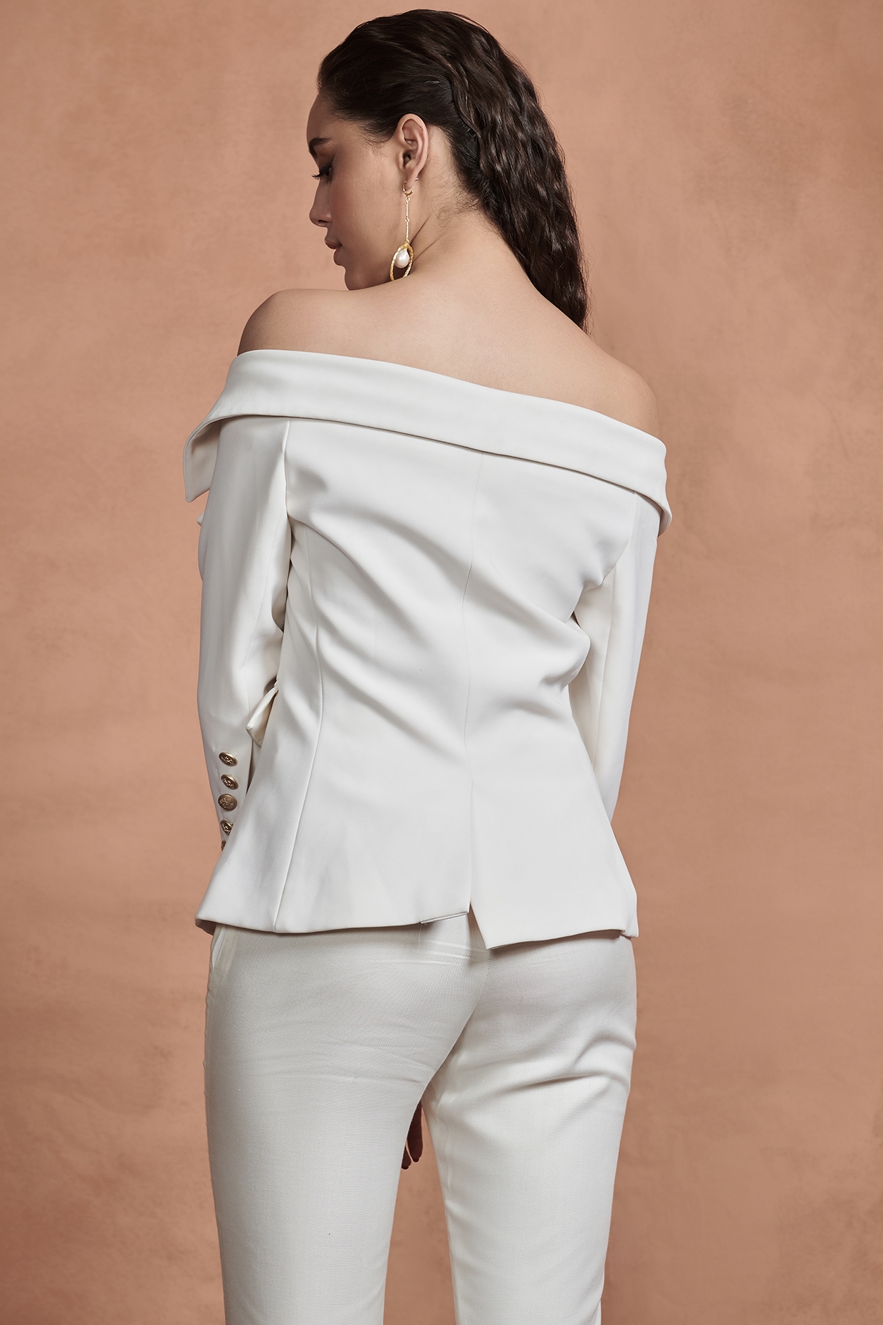 White off the deals shoulder blazer