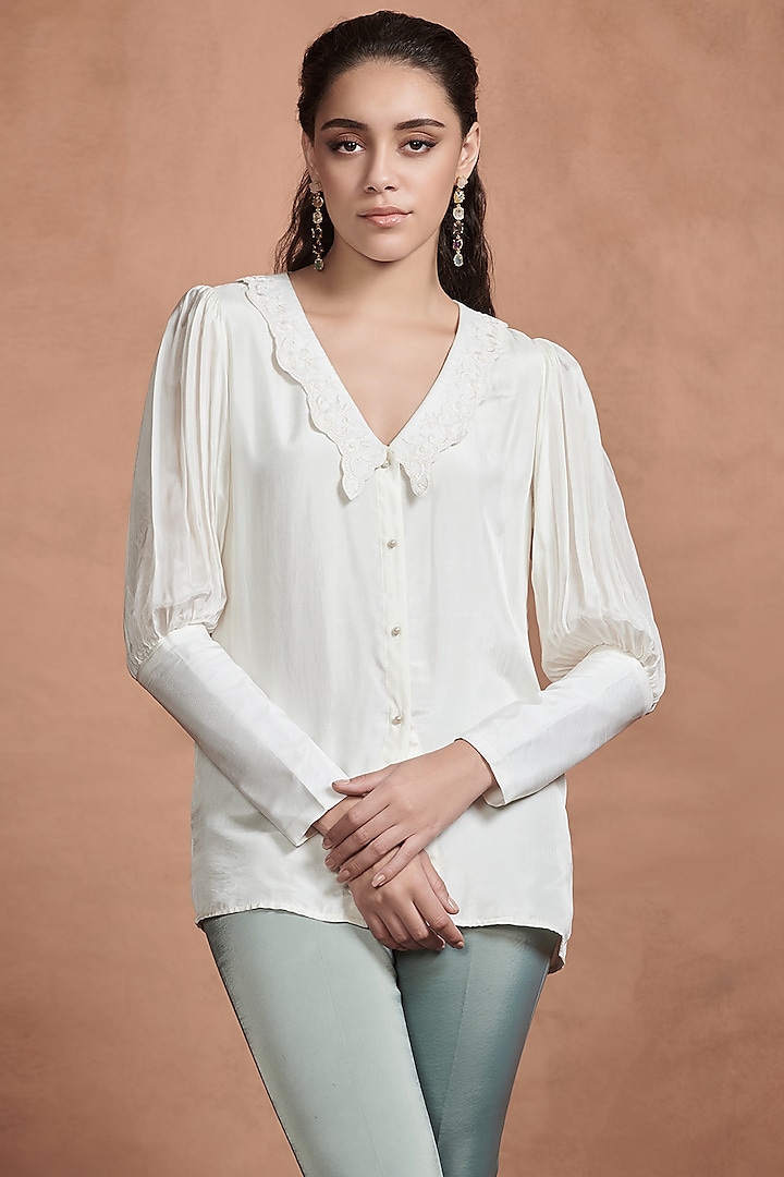 Pearl White Embroidered Shirt by Aashima Behl
