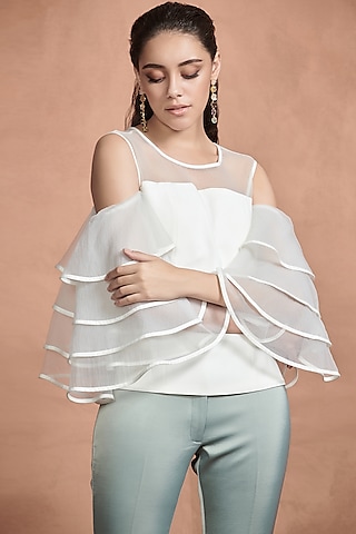 White Layered Bell Sleeves Top by Aashima Behl