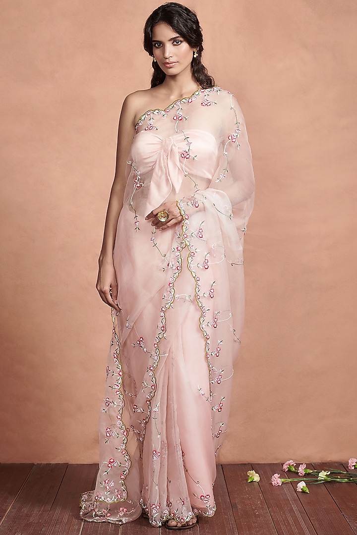 Blush Pink Embroidered Saree by Aashima Behl