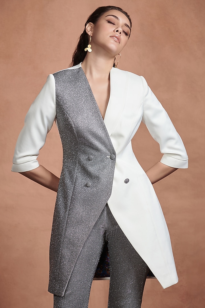 White & Grey Cocktail Blazer by Aashima Behl at Pernia's Pop Up Shop