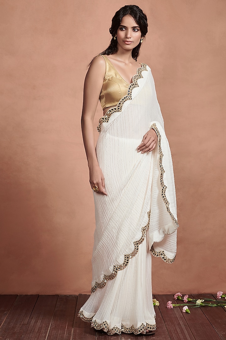 White Embroidered Saree by Aashima Behl