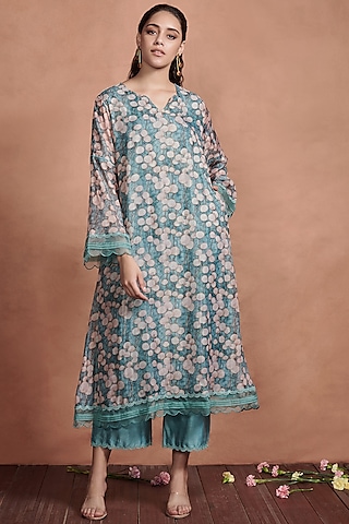 Turquoise Floral Printed Kurta Set by Aashima Behl