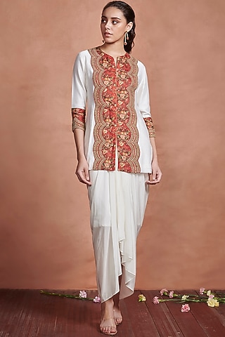 White Silk Embroidered Kurta Set by Aashima Behl
