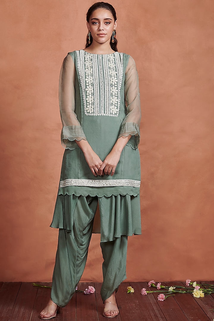 Olive Green Embroidered Kurta With Pants by Aashima Behl