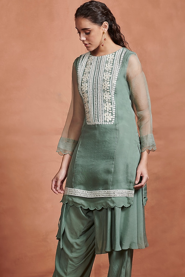 Olive Green Embroidered Kurta With Pants by Aashima Behl at Pernia's Pop Up Shop