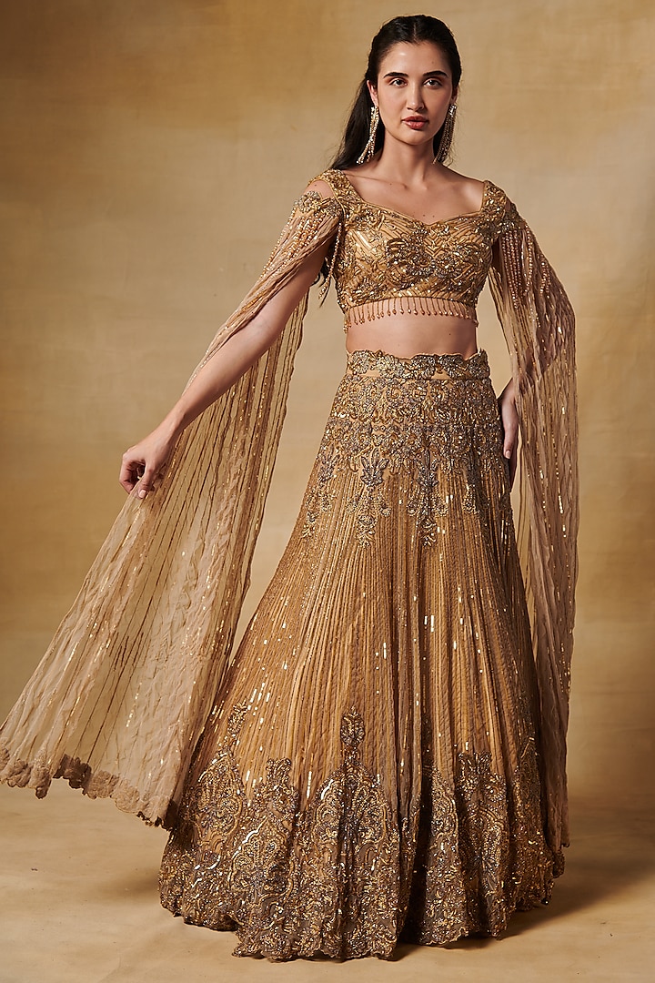Gold Net Hand Embroidered Bridal Lehenga Set by Aashima Behl at Pernia's Pop Up Shop