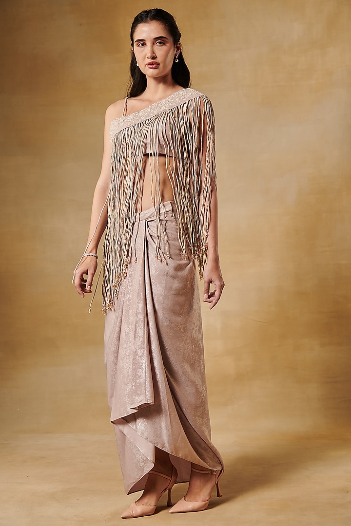Blush Peach Textured Georgette Draped Skirt Set by Aashima Behl