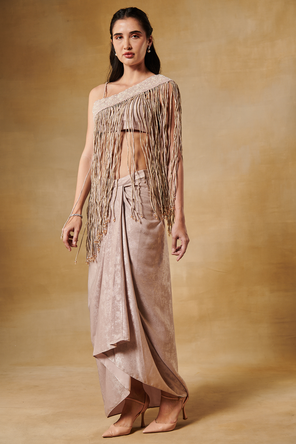 Blush Peach Textured Georgette Draped Skirt Set by Aashima Behl at Pernia's Pop Up Shop