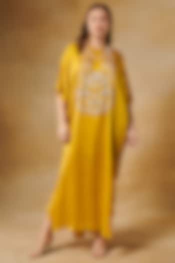 Mustard Yellow Satin Pearl Embroidered Kaftan by Aashima Behl