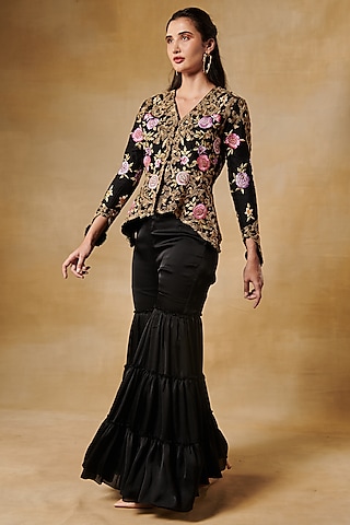 Midnight Black Chinon Gharara Set by Aashima Behl