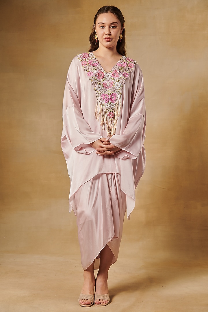 Nude Pink Crepe Satin Draped Skirt Set by Aashima Behl at Pernia's Pop Up Shop