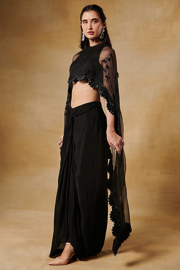 Midnight Black Georgette Draped Skirt Set by Aashima Behl