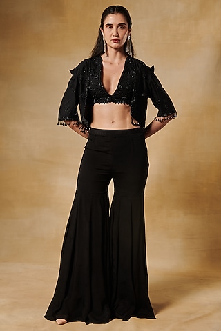 Midnight Black Silk Chanderi Jacket Set by Aashima Behl
