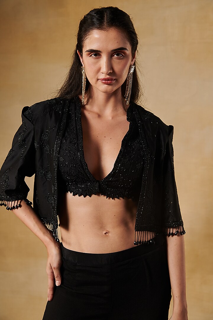 Midnight Black Silk Chanderi Jacket Set by Aashima Behl at Pernia's Pop Up Shop