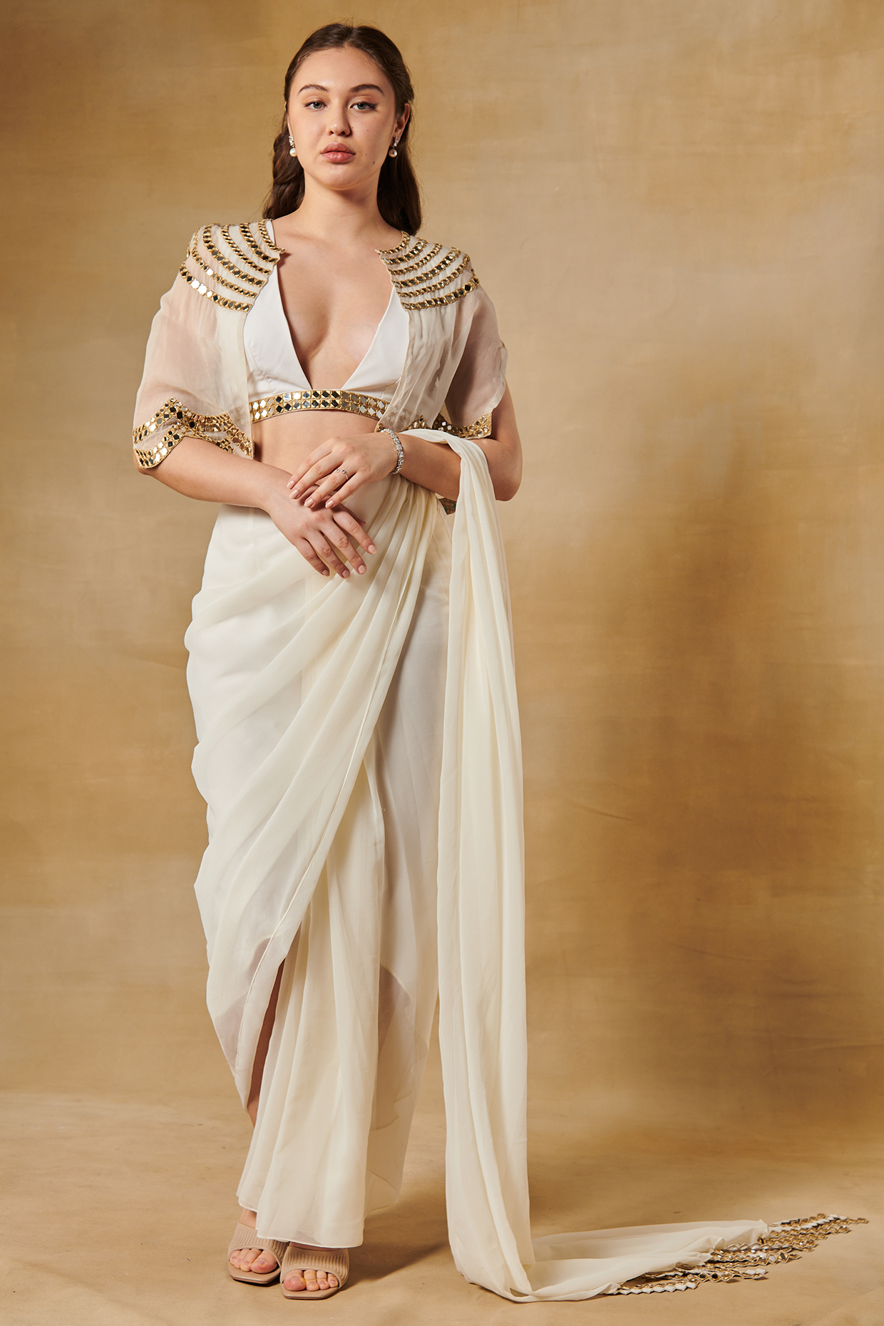 Shell White Georgette Pre-Draped Jacket Wedding Saree Set by Aashima Behl at Pernia's Pop Up Shop