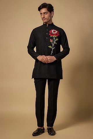 Black Japanese Rayon Thread Embroidered Kurta Set by Abees 