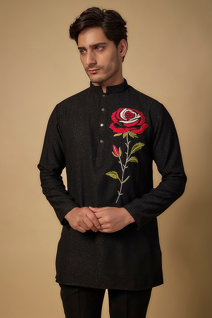 Black Japanese Rayon Thread Embroidered Kurta Set by Abees at Pernia's Pop Up Shop