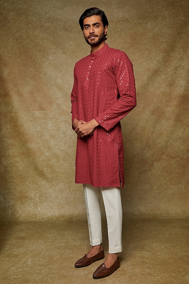Red Cotton Embroidered Kurta Set by Abees