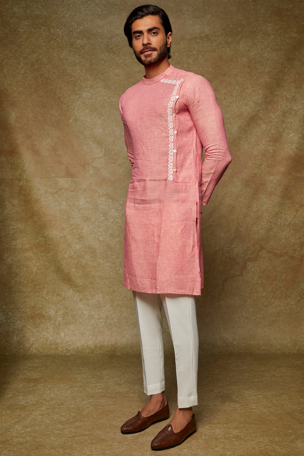 Buy Abees Pink Linen Embroidered Kurta Set at 2024