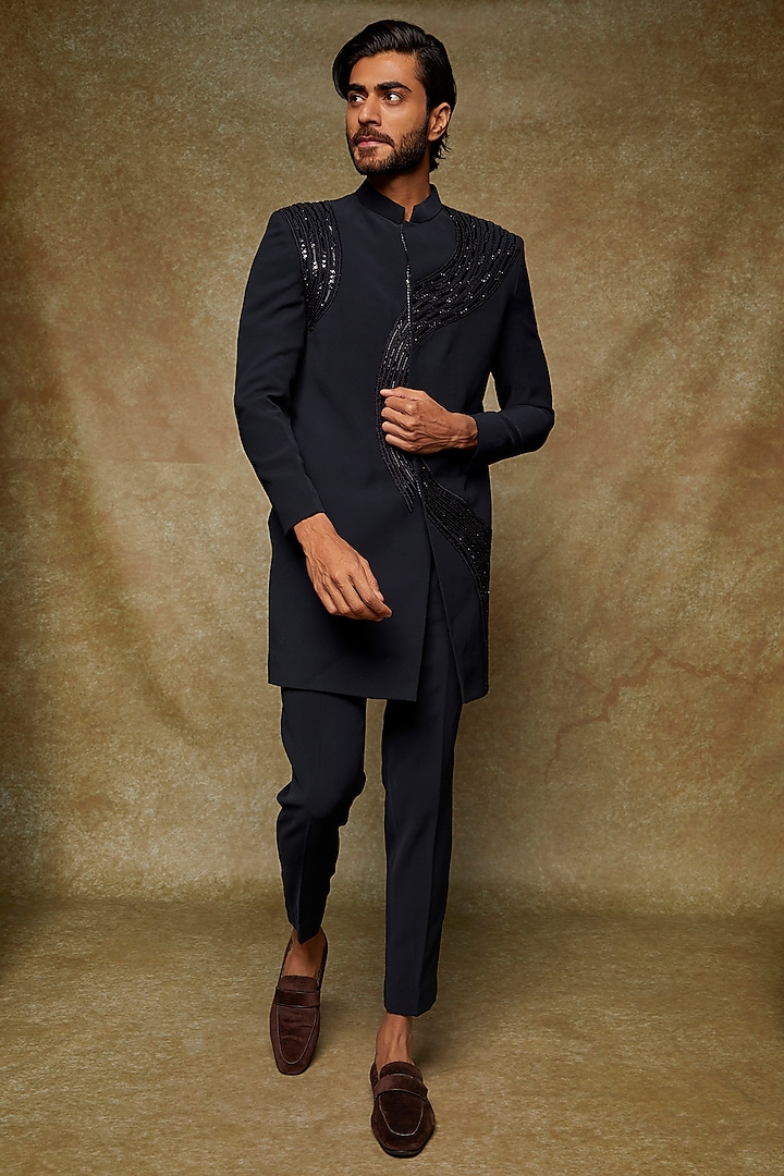 Navy Blue Twill Hand Embroidered Indowestern Jacket Set by Abees at Pernia's Pop Up Shop