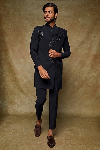 Navy Blue Twill Hand Embroidered Indowestern Jacket Set by Abees