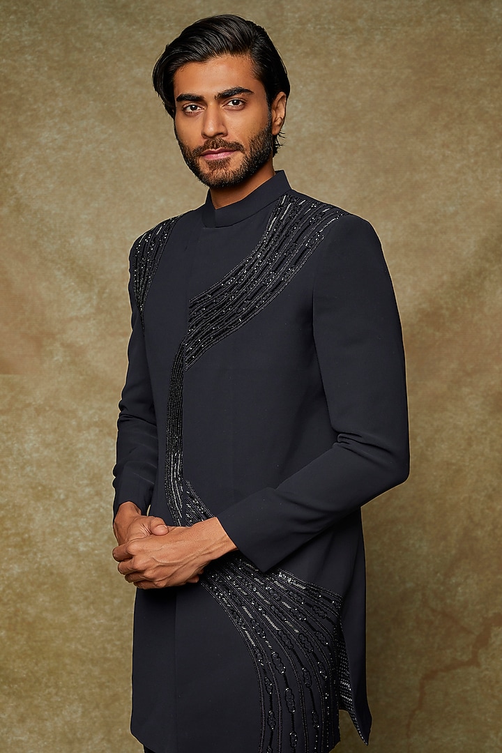 Navy Blue Twill Hand Embroidered Wedding Indowestern Jacket Set by Abees at Pernia's Pop Up Shop