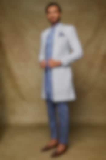 Blue Cotton Embroidered Jacket With Kurta Set by Abees at Pernia's Pop Up Shop